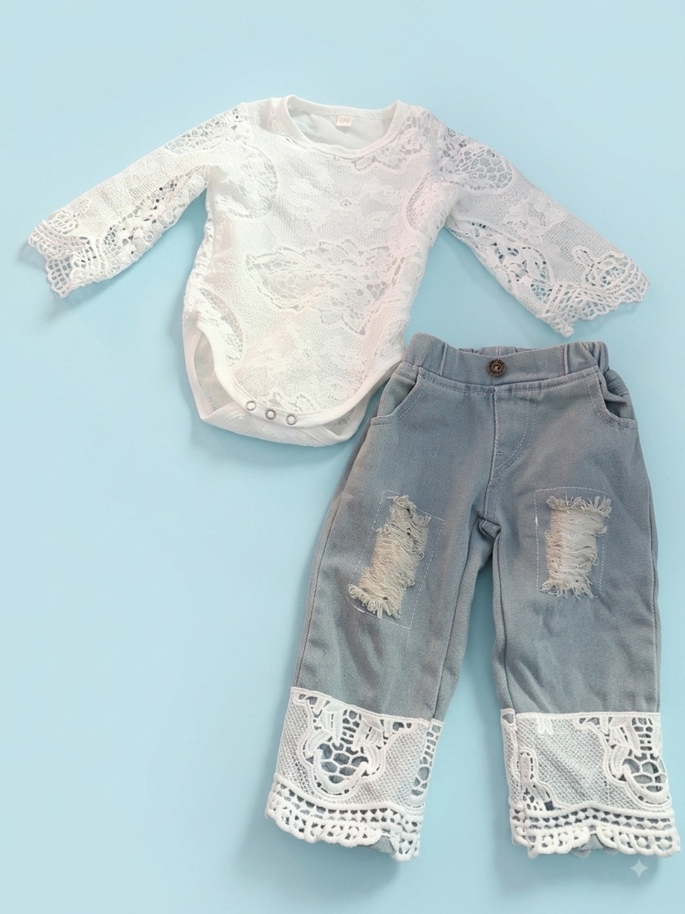 Baby Girl White Lace Bodysuit with Blue Lace-Trim Pants